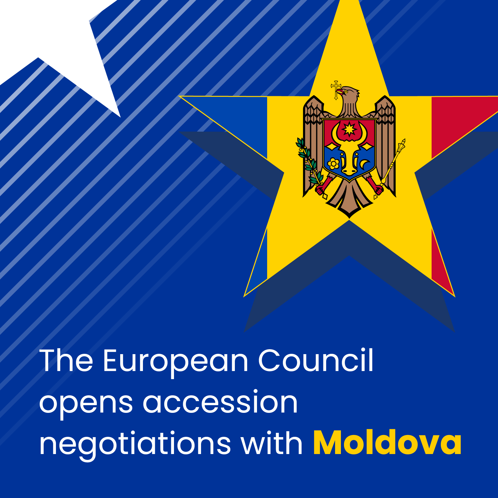 The European Council opens accession negotiations with Moldova, featuring a dynamic design with a blue background and diagonal pinstripes, a large yellow star with the Moldovan coat of arms, and prominent text.
