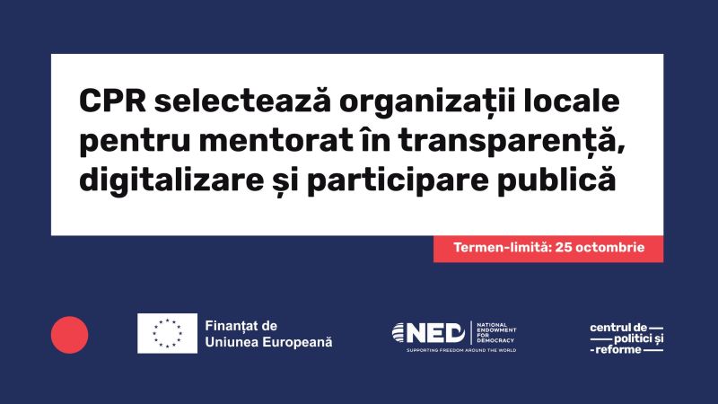 Centrul de Politici și Reforme (CPR) anunță concurs pentru selectarea organizațiilor neguvernamentale (ONG) locale sau a asociațiilor obștești care vor fi instruite și mentorate în elaborarea unui raport de transparență (acces la informație, participare publică, digitalizare) a autorităților publice locale. 