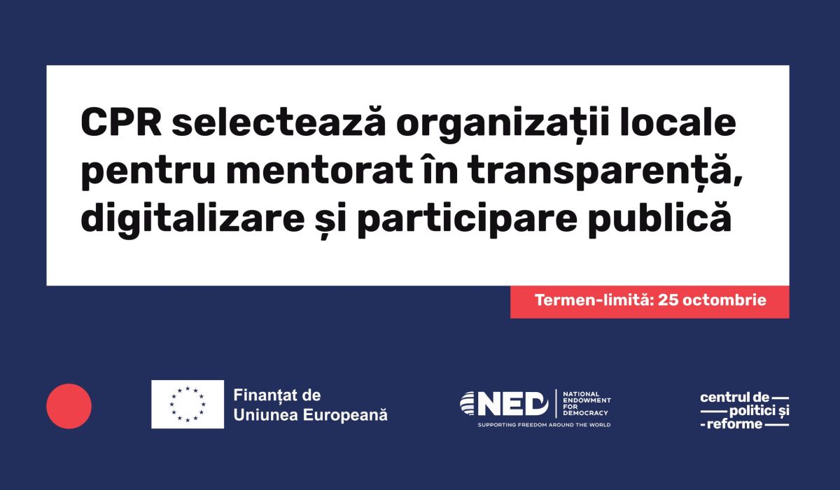 Centrul de Politici și Reforme (CPR) anunță concurs pentru selectarea organizațiilor neguvernamentale (ONG) locale sau a asociațiilor obștești care vor fi instruite și mentorate în elaborarea unui raport de transparență (acces la informație, participare publică, digitalizare) a autorităților publice locale. 