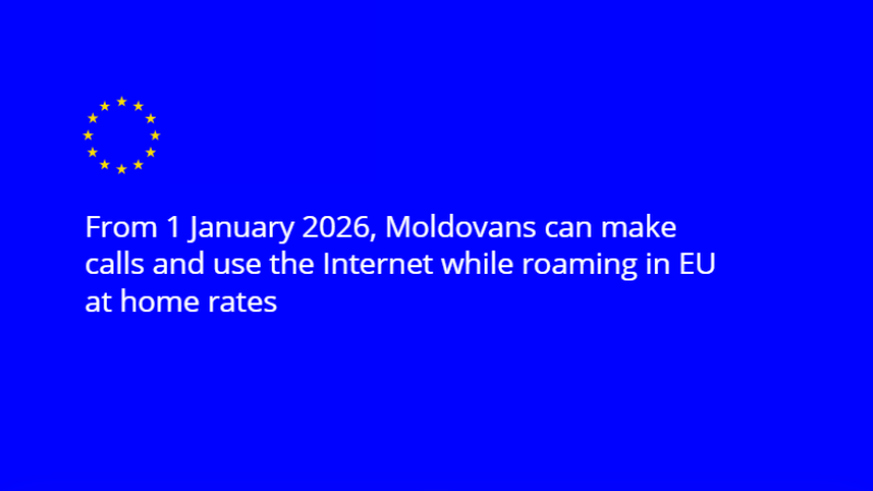 Starting from the first day of 2026, citizens of the Republic of Moldova travelling in EU countries, as well as EU citizens visiting Moldova, will be able to make calls, send text messages, and use mobile internet with no additional charges, within the limits of their tariff plan - just like at home. The same conditions will also apply to Ukraine.