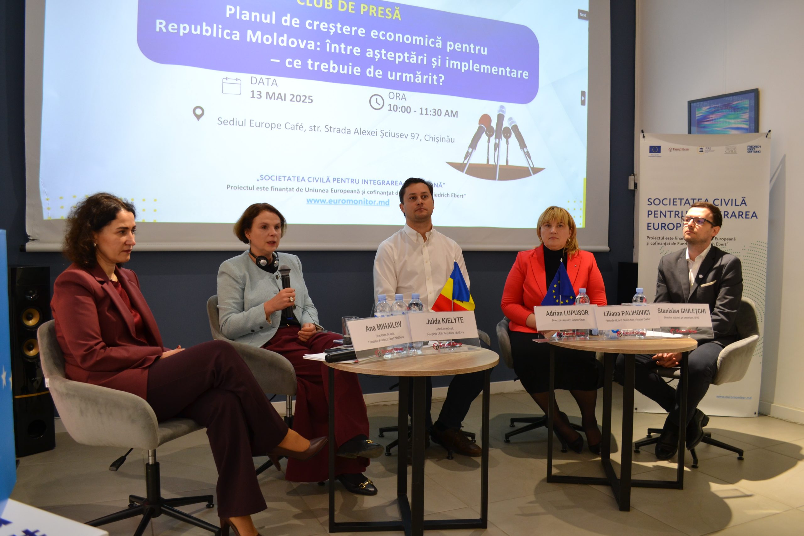 A press club titled “The Economic Growth Plan for the Republic of Moldova: Between Expectations and Implementation – What Should We Watch For?” was held at Europe Café on 13 May 2025. The event was organized by the Independent Analytical Center “Expert-Grup” in partnership with IPRE, AO “Institutum Virtutes Civilis” and the Friedrich Ebert Foundation Moldova.