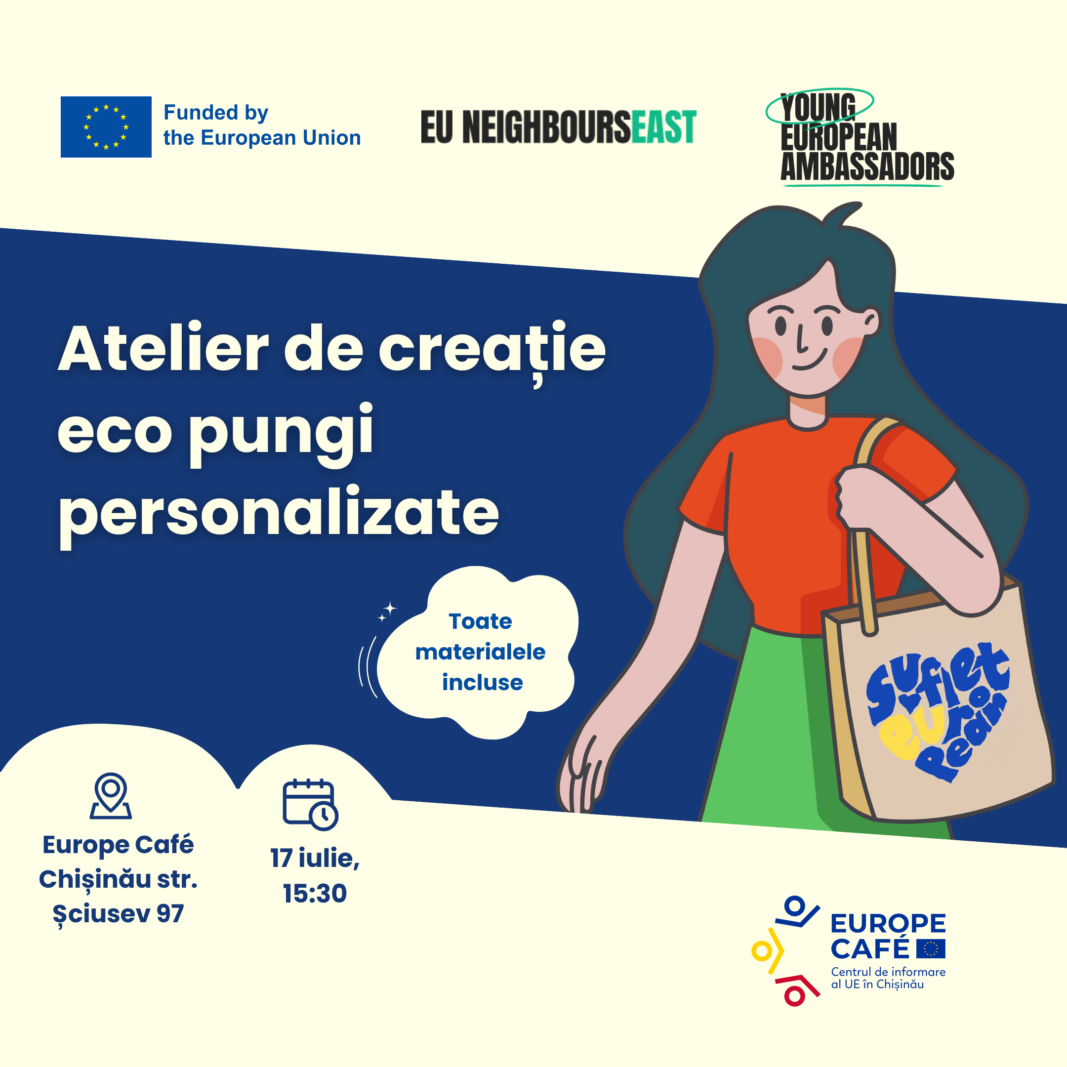Europe Café devine atelier de creație eco! Pe 17 iulie, ora 15:30, te așteptăm cu drag la Europe Café pentru un atelier creativ în care torbele simple din material textil vor prinde viață prin culoare, inspirație și valori europene.